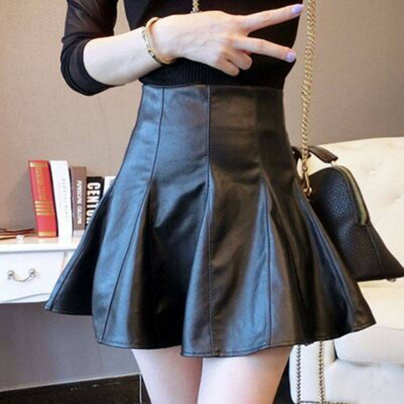 新款2019女韩版秋季高腰PU皮百搭秋冬百褶蓬蓬裙半身显瘦a字皮裙