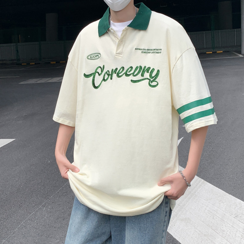 华夫格polo衫美式短袖男士夏季宽松刺绣青少年t恤衫休闲半袖体恤