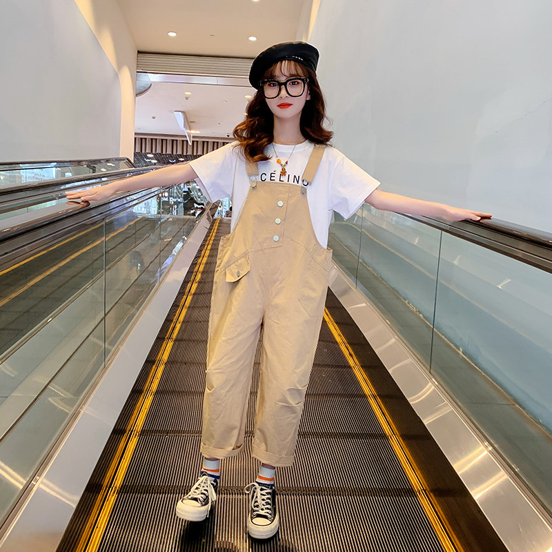 女童夏装套装2026新款韩版中大童儿童洋气短袖背带裤两件套薄款潮
