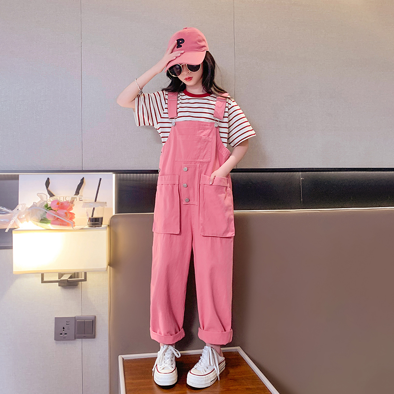 女童夏装套装2025夏装新款儿童背带裤两件套中大童条纹短袖休闲套