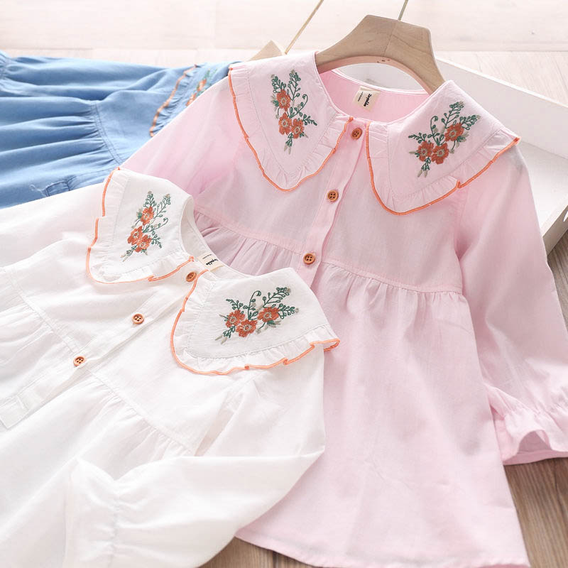 女童翻领刺绣连衣裙23秋装新款外贸儿童纯棉牛仔花边领长袖牛仔裙