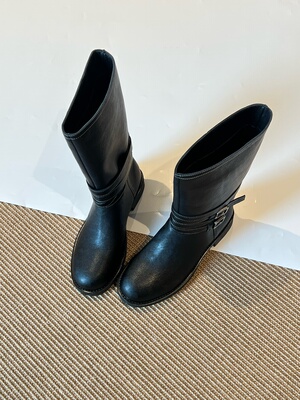 Claudie定制 牛皮圆头粗跟短靴女英伦风百搭大筒围显瘦骑士靴长靴