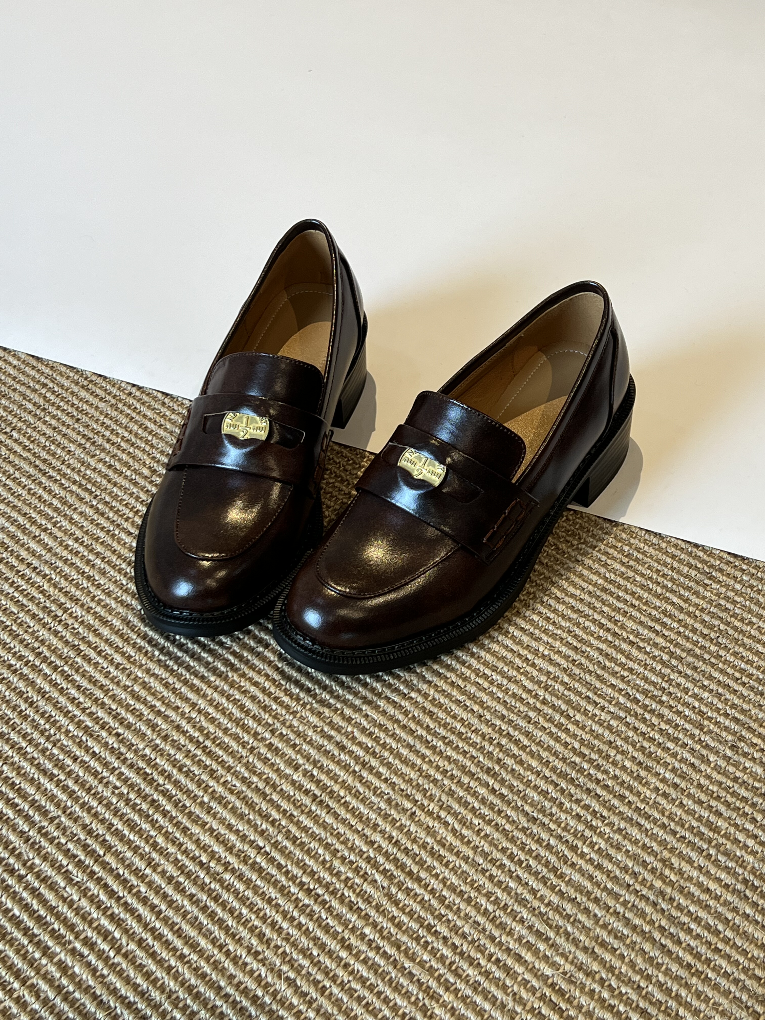 Claudie定制 牛皮圆头厚底金币一脚蹬乐福鞋女秋冬加绒百搭小皮鞋