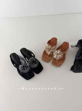 Moonyou 羊反皮复古坡跟烟花夹趾凉拖女夏仙气百搭显瘦外穿拖鞋