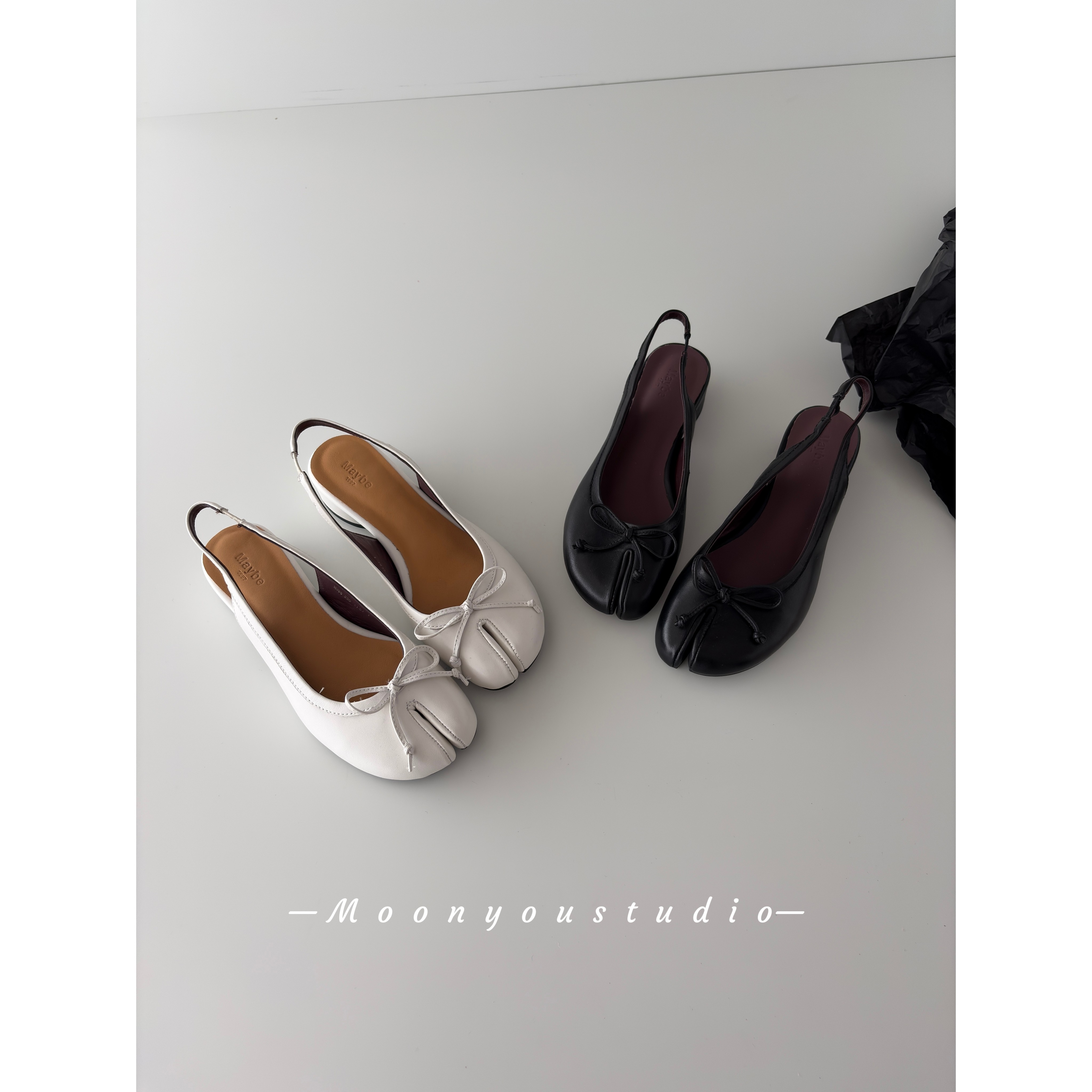 Moonyou 牛皮圆头蝴蝶结仙女风后空平底凉鞋女夏韩系百搭通勤单鞋