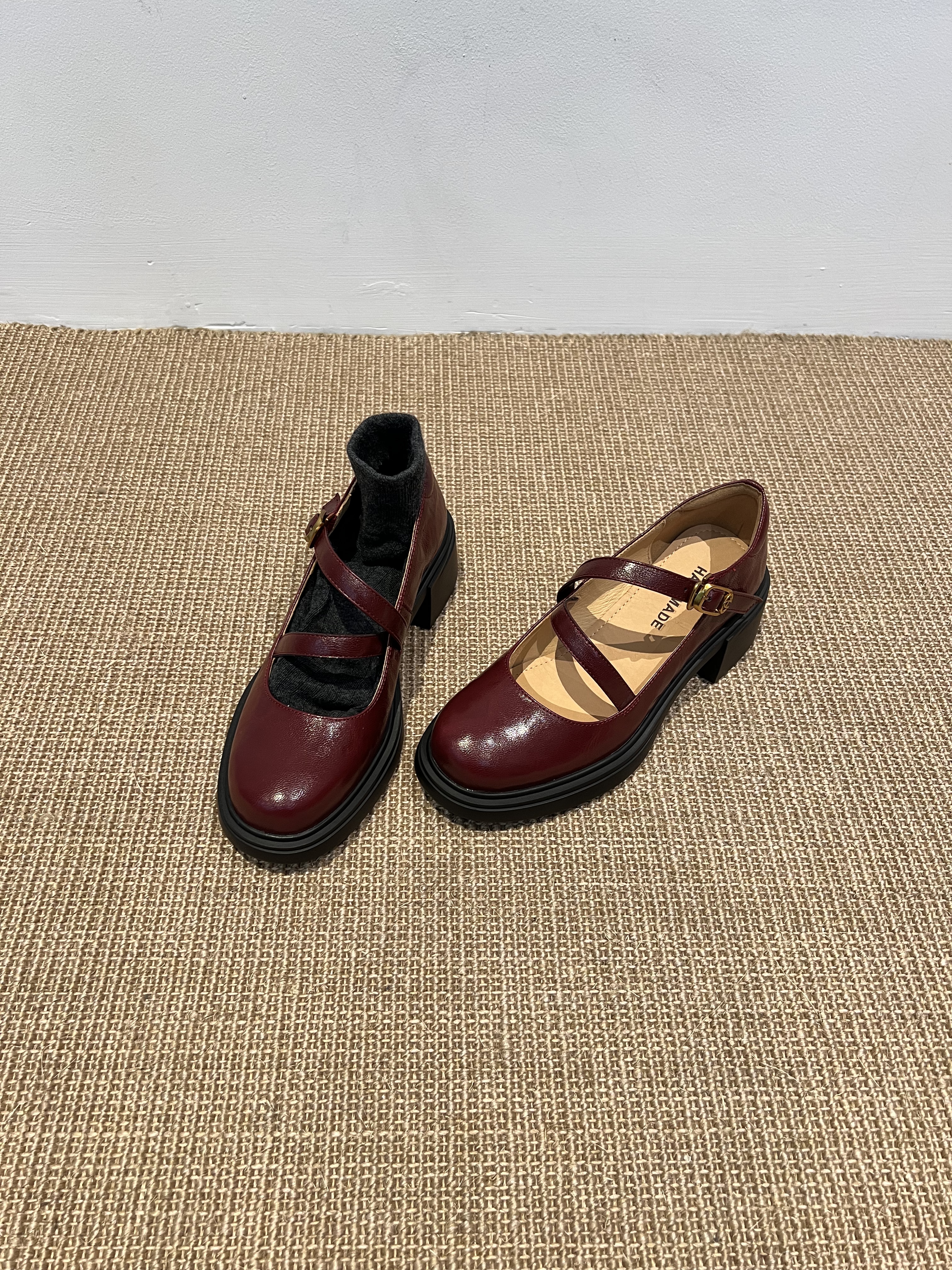 Claudie定制【3cm】羊皮复古玛丽珍鞋女英伦风粗跟一字带小皮鞋女