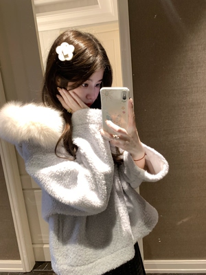 PINKMOON/雪日浪漫 环保皮草外套 狐狸毛领冬日毛毛上衣