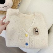 蕾丝拼接羊毛开衫 PINKMOON 小彩豆 米杏色软糯感俏皮简约毛衣