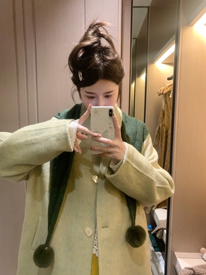 PINKMOON/伯格书店 奶绿色混彩羊毛双面呢大衣