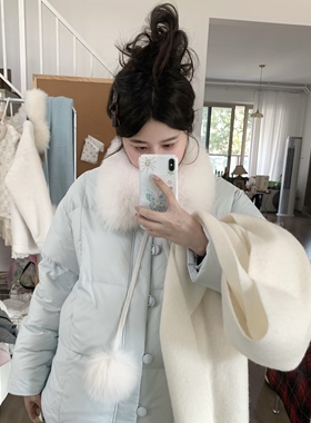 PINKMOON/北欧雪宝90新国标白鸭绒蓝色羽绒外套 真狐狸毛领可拆卸