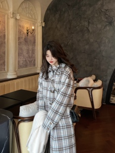 PINKMOON/自制泰晤士女孩 蓝棕格双面尼大衣连帽羊毛