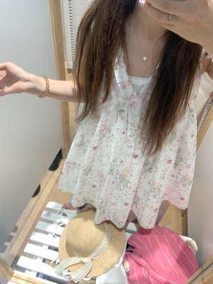 PINKMOON/花影漫舒 纯棉v领显瘦上衣裙 韩系夏日感碎花短裙
