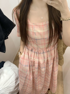 PINKMOON/桃野春禾 超细旦亚麻方领收腰显瘦长裙 韩系显白格纹裙