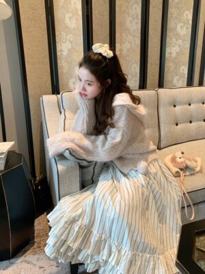 PINKMOON/琉璃少女 重工蓝色条纹半身裙 肌理感长款显瘦花边裙