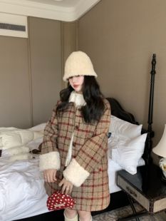 PINKMOON/爱丁堡初雪 复古格纹拼接羊羔毛外套 羽绒棉羊毛大衣