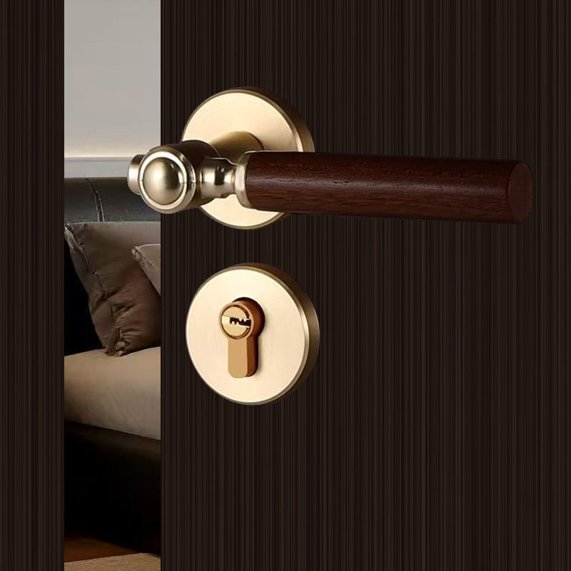木纹把手房间卧室内静音门锁可选磁吸仿古把手金色黑色方向通用型
