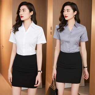 酒店前台接待工作装女夏短袖免烫职业套装衬衫裙子两件套女士套裙