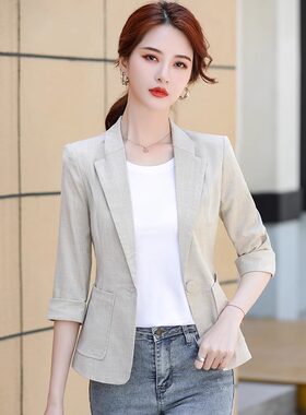 小西装外套女夏季薄款休闲2025新款短款小个子七分袖亚麻中袖西服