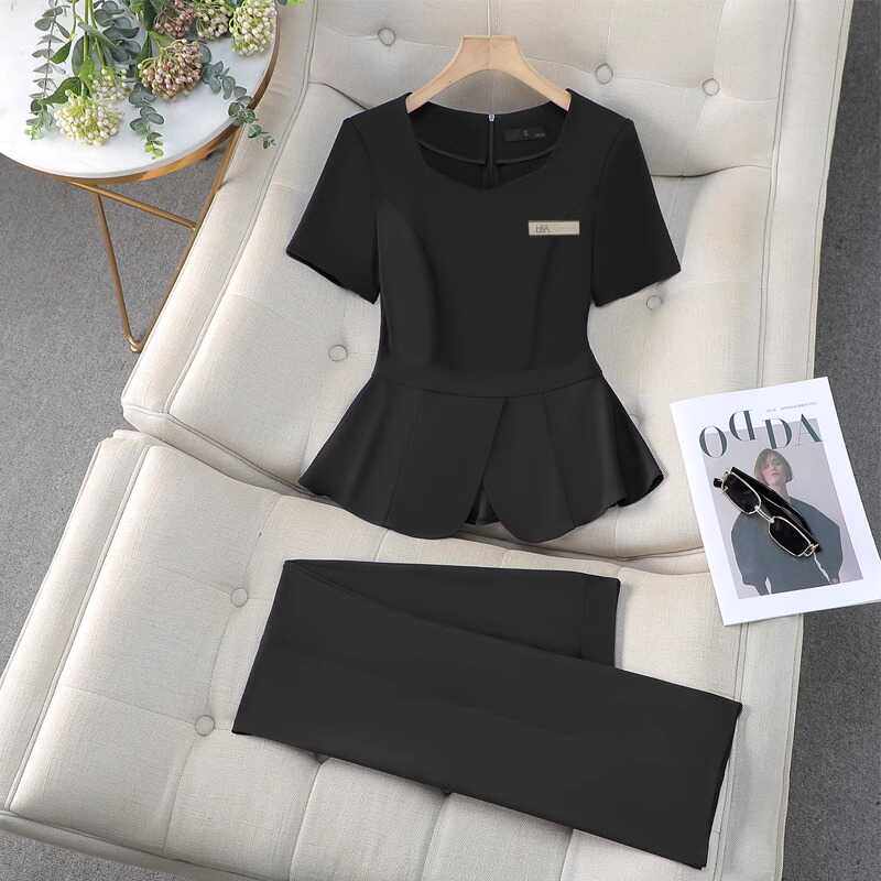 黑色短袖西装套装女夏季职业工装珠宝店美容院酒店前台经理工作服