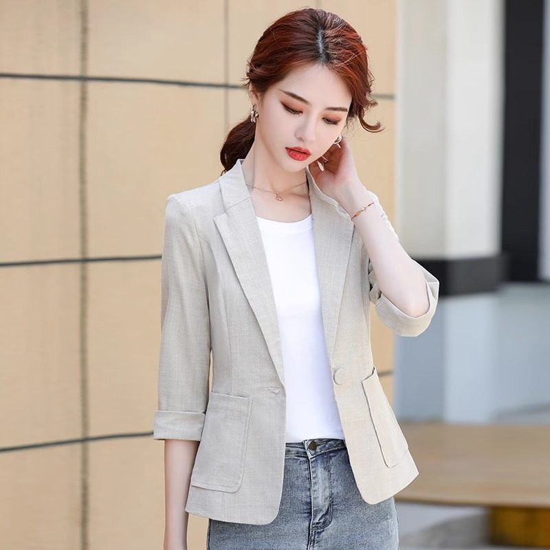 西装外套女新款夏季薄款七分袖高级感亚麻中袖小个子短款休闲西服