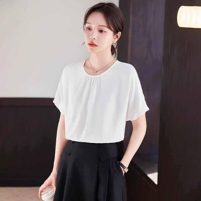 法式圆领短袖T恤女夏季2024新款气质雪纺衫上衣职业通勤白色衬衫