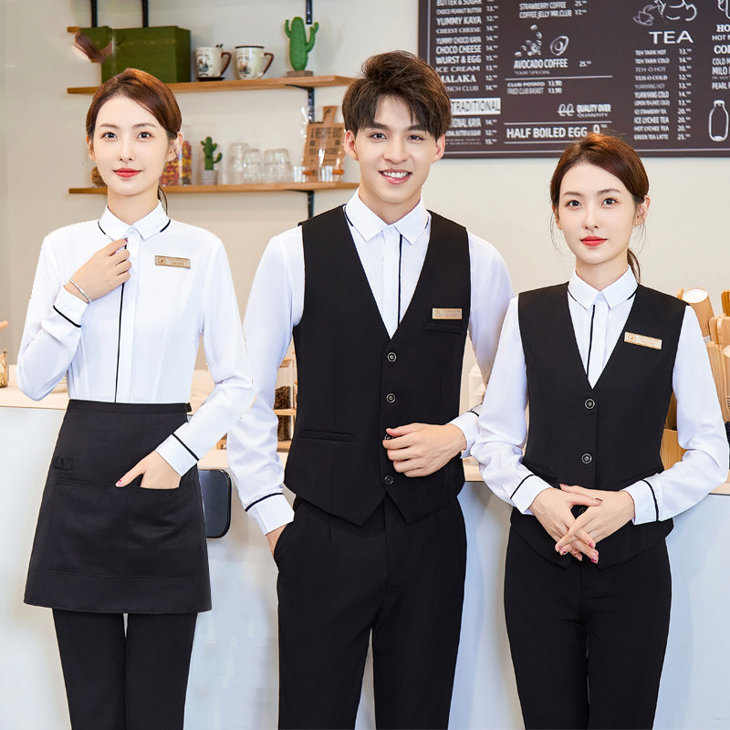 酒店前台餐饮服务员工作服长袖KTV西餐收银工装衬衫马甲套装男女