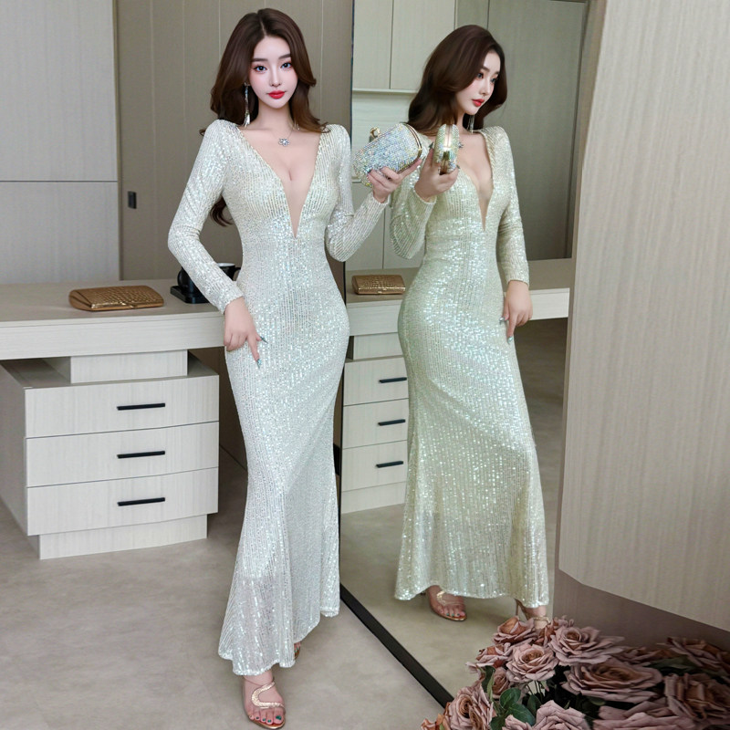 晚礼服女2025新款高级感性感气质低胸V领长袖亮片年会宴会连衣裙