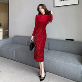 复古改良旗袍新款 优雅气质长袖 金丝绒拼接亮片包臀长裙红色连衣裙