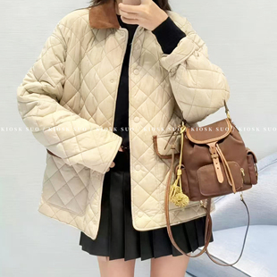 LOOK PACER 25FW秋冬韩系感菱格绗缝翻领棉服保暖拼色夹克外套女