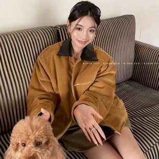 KIOSK SUO 25FW美拉德灯芯绒撞色皮革领翻领拉链夹克棉服外套