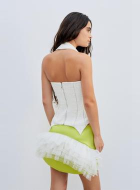 Boujee十字绣醋酸芭蕾后摆光泽感绿色超短裙设计感俏皮纯欲少女