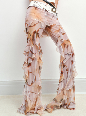 【年终清仓】五折Boujee原创烧毁印花荷叶边长裙裤氛围感度假女神