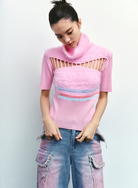 【年终清仓】三折Boujee原创仿貂毛镂空针织高领短袖毛衣y2k王菲