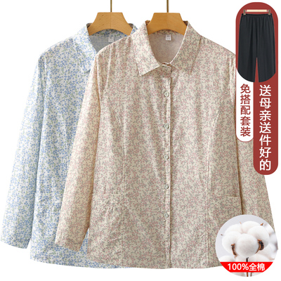 妈妈长袖100%纯棉衬衫春秋款