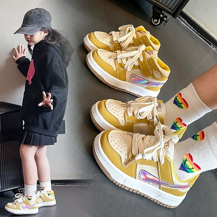 儿童板鞋运动鞋2025秋季新款时尚女童发财黄低帮拼色高帮篮球鞋