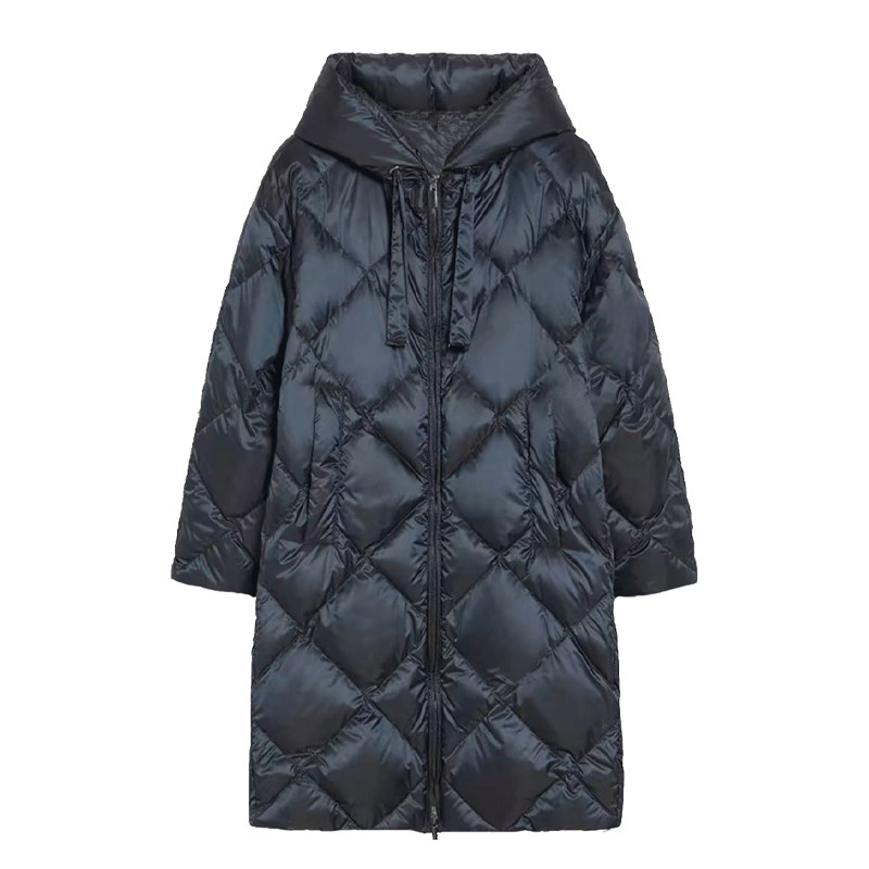 秋冬新款菱格纹羽绒服中长款连帽拉链加厚外套女士夹克