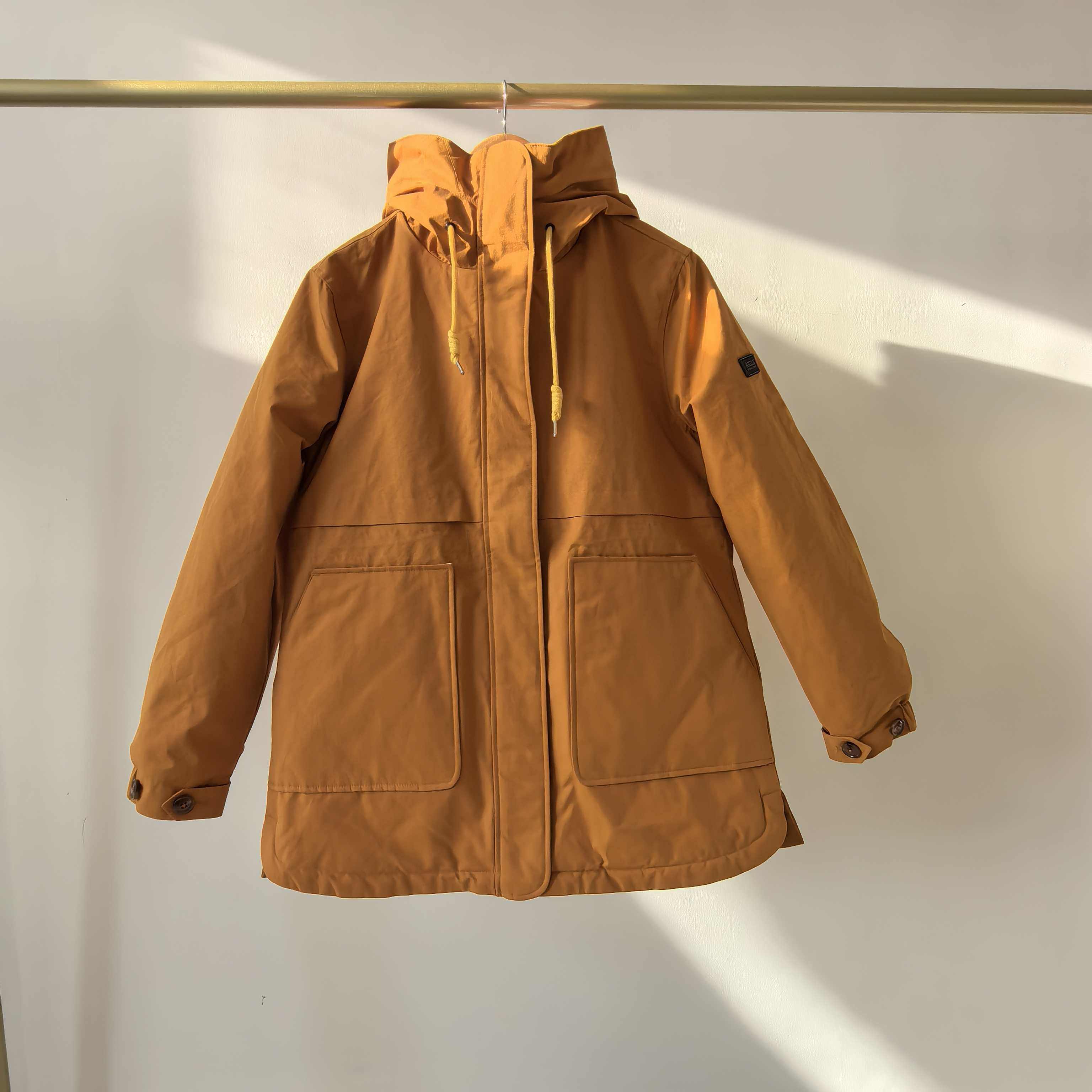 户外通勤连帽派克服女中长款防风保暖棉服外套棕色#2545