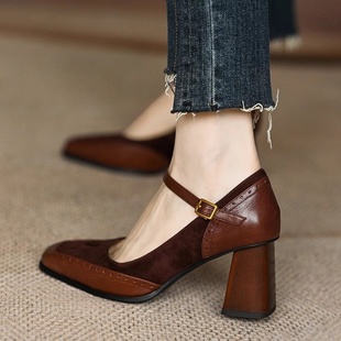 Splicing thick heel square toe high heels 方头一字扣高跟单鞋