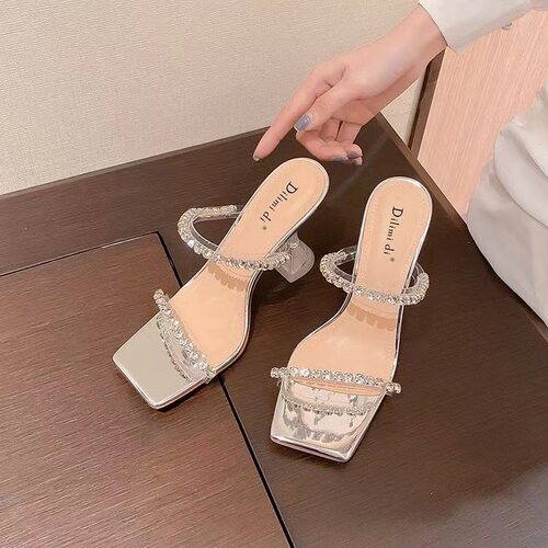 白钻细带高跟凉拖女 透明水晶酒杯跟shoes High heels方头穆勒拖