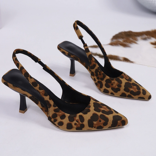 欧美尖头豹纹中猫跟包头凉鞋Leopard Print Mid-heel High Heels