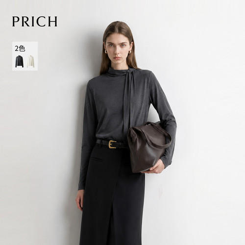PRICH时尚可打结半高领长袖T恤2026秋季新款通勤内搭上衣女