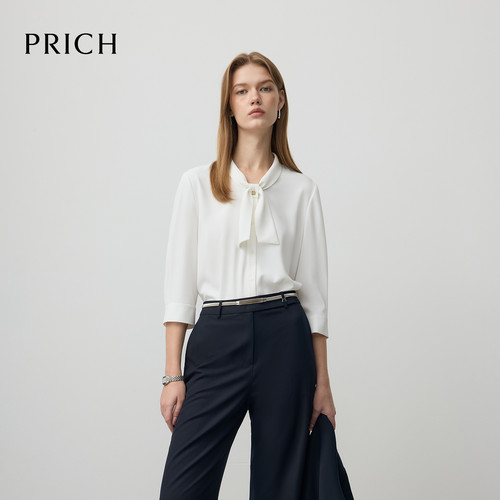 PRICH简约气质飘带领七分袖白衬衫秋季新款宽松通勤雪纺衫女