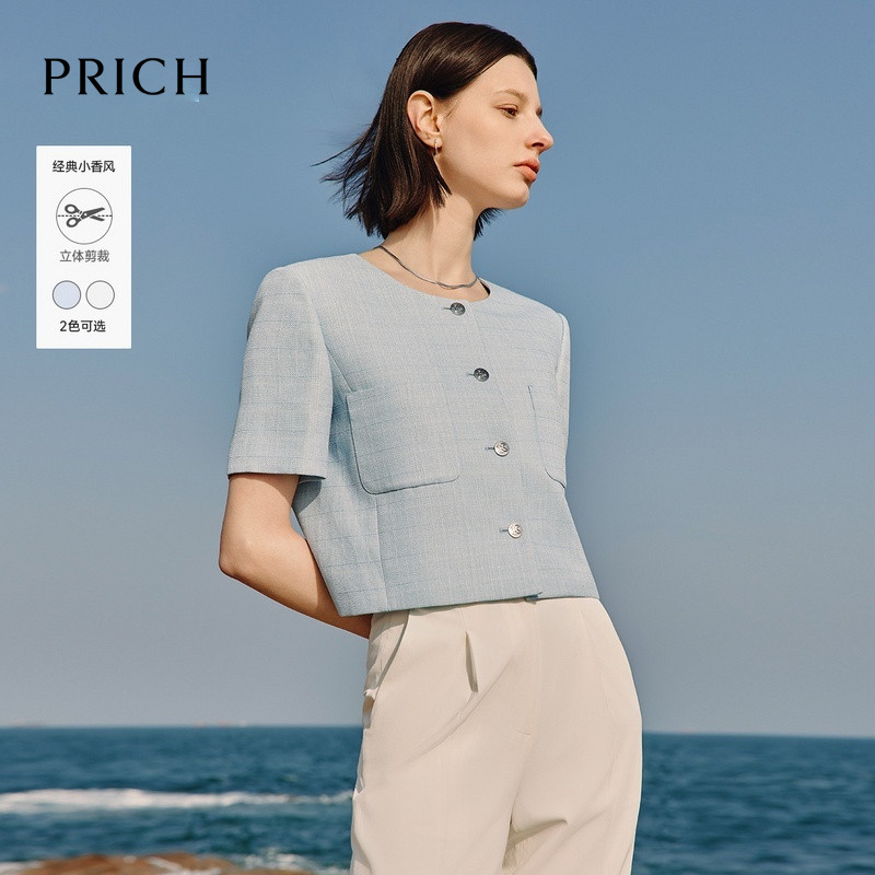 【柳哥来了】PRICH小香风夏季短袖西装外套女圆领短款薄款上衣