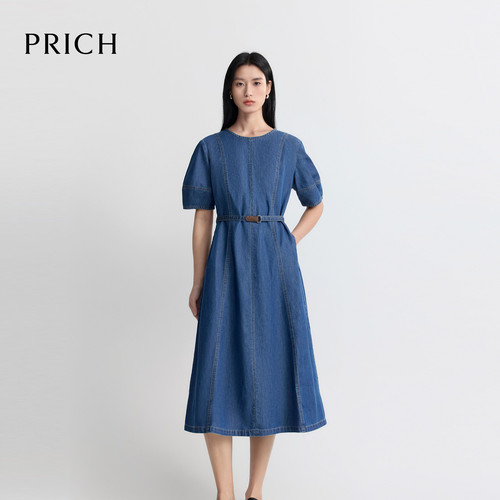 PRICH时尚灯笼袖A摆收腰牛仔连衣裙2026夏新款温柔休闲垂坠裙子女
