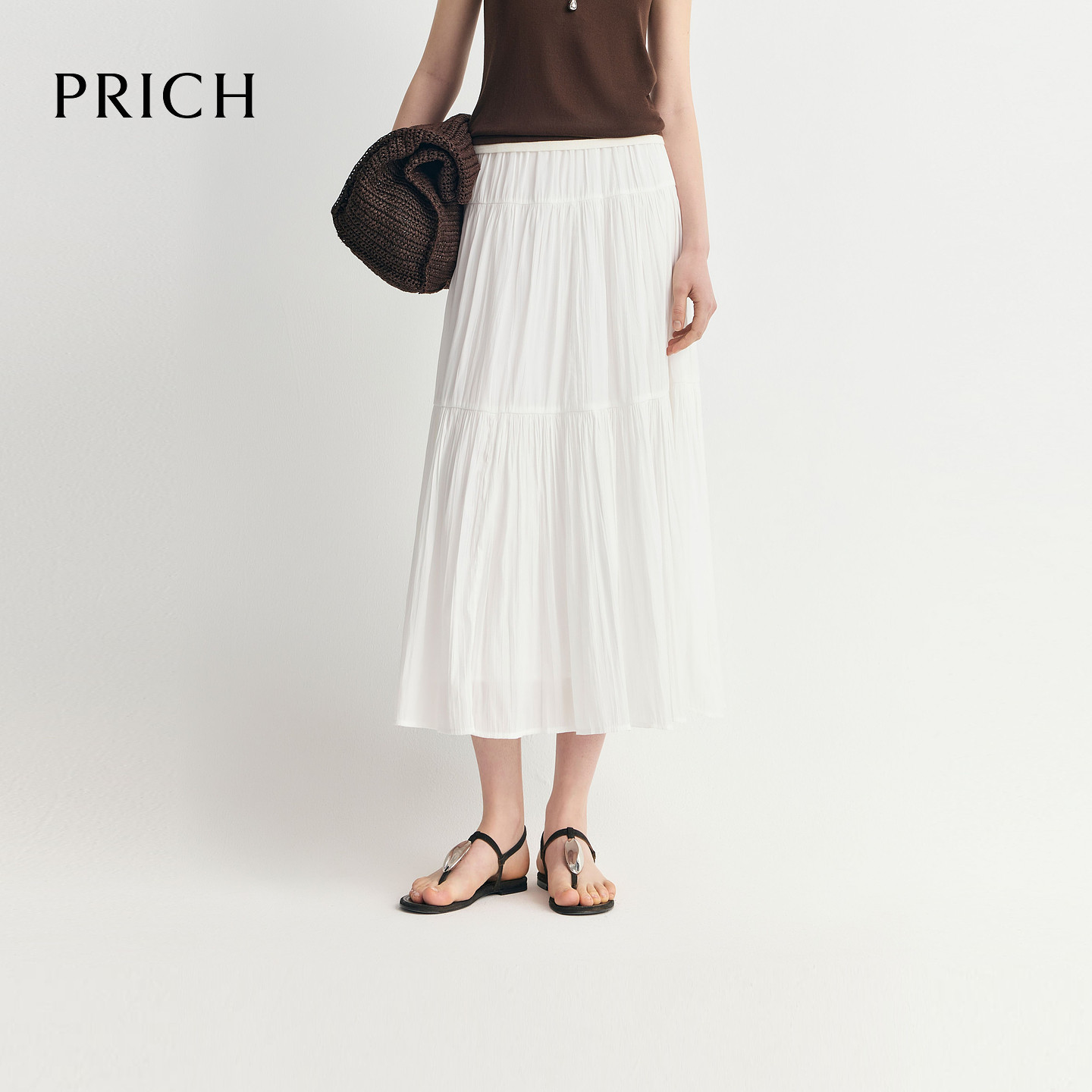 PRICH时尚缎面雪纺拼接A字半身裙2026夏季新款层次感褶皱中长裙女