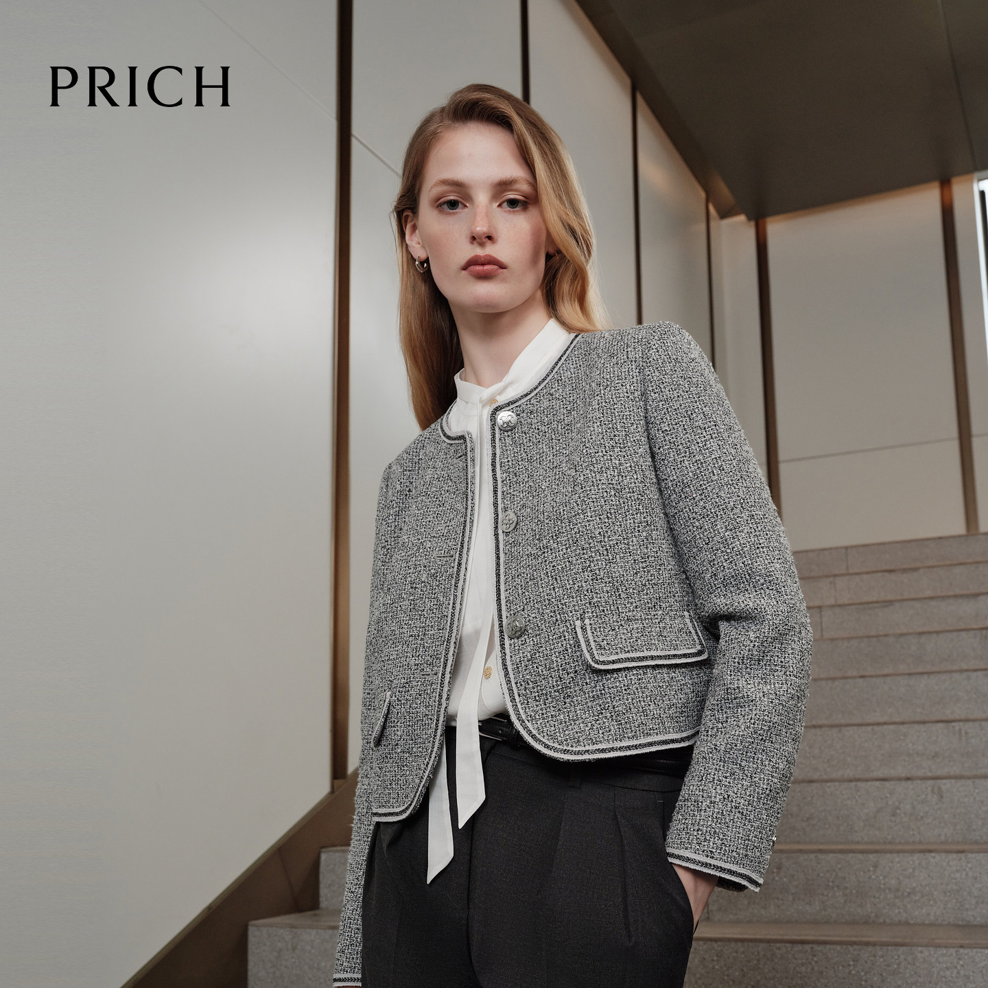 PRICH法式廓形小香风粗花呢圆领织带短西装春季外套女