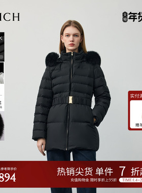 【90%鹅绒+防水】PRICH时尚连帽狐狸毛领收腰羽绒服2025冬新款女
