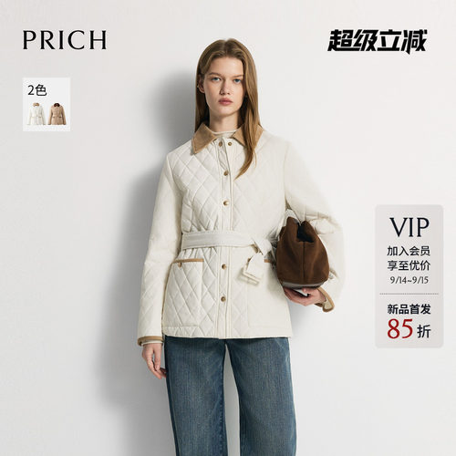 【中空保暖】PRICH灯芯绒翻领菱格绗缝棉服2026冬新款外套女