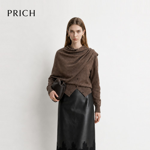 PRICH秋冬新款荡领毛衣女宽松慵懒风软糯不规则下摆百搭针织衫