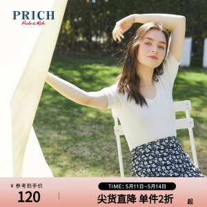 PRICH针织衫修身显瘦气质百搭小众设计感时尚丝巾领短袖打底衫女